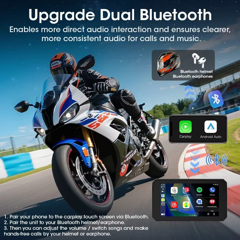 Jansite 5 Zoll tragbares Motorrad-Navigations-GPS mit kabellosem CarPlay und Android Auto, Bluetooth 5.0 und IPX7 wasserdicht, Schwarz - Bild 3