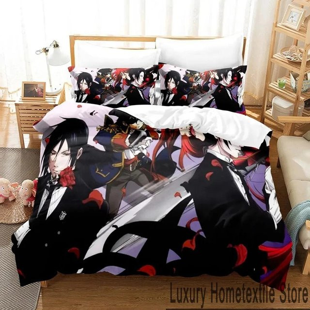Anime Black Butler Bettwäsche Set mit 3D-Druck in Schwarz, bestehend aus Bettbezug und Kissenbezug, B/H: 180 x 210 cm - Bild 1