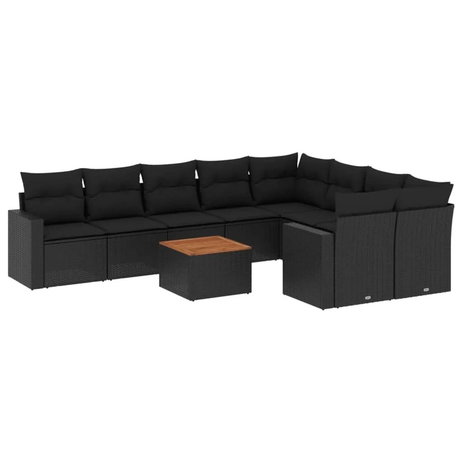 vidaXL 10-tlg Garten-Sofagarnitur in L-Form aus Polyrattan und Akazienholz mit Kissen in Schwarz - Bild 2