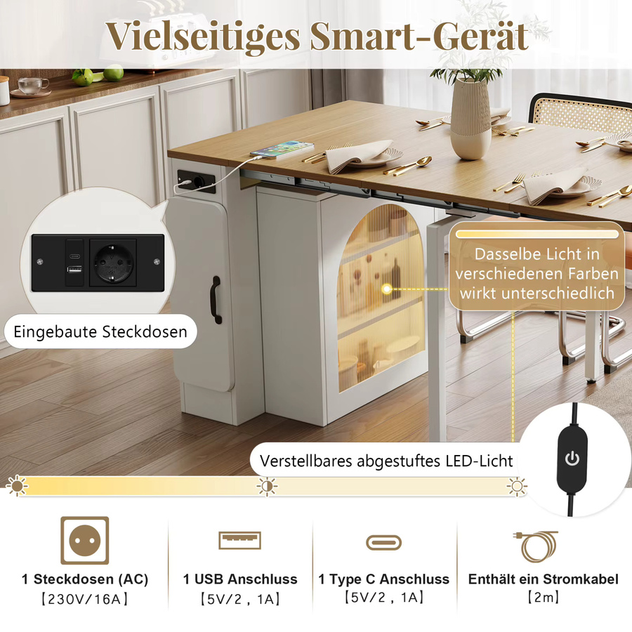 Anajqaqia Kücheninsel in Weiß mit Rollen, ausziehbarer Esstisch mit abnehmbarer Tischplatte, Buffetschrank und integrierter Steckdosenleiste, modernes Sideboard aus Holz - Bild 3