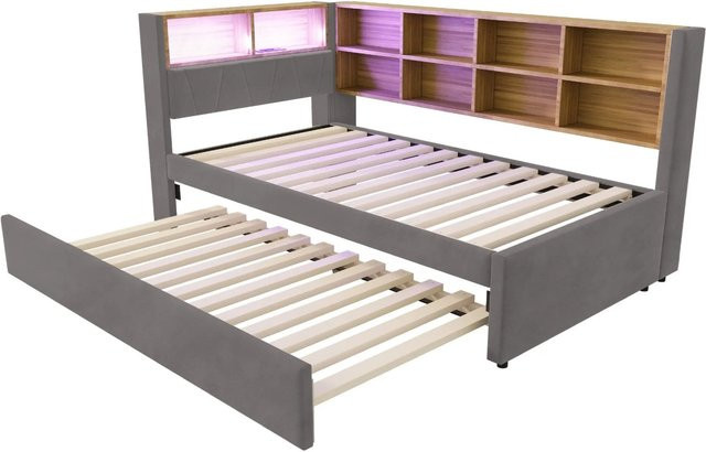 Merax Schlafsofa mit Ausziehschublade und LED-Beleuchtung sowie USB-Ladeanschluss, Dunkelgrau, B/T/H: 90 x 200 x 103 cm - Bild 1