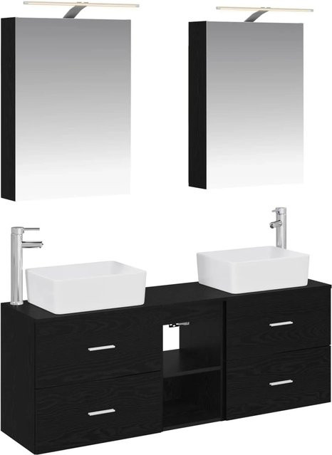 vidaXL Badezimmermöbel-Set in Schwarz mit Eiche-Optik und Glas, modern gestaltetes Set bestehend aus Waschtischunterschrank und Spiegelschrank mit LED-Beleuchtung - Bild 1
