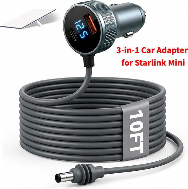 Autoladegerät für Starlink Mini mit USB-C Anschluss und Digitalanzeige, 3 Meter DC-Stromkabel als Zigarettenanzünder-Adapter, Schwarz - Bild 1