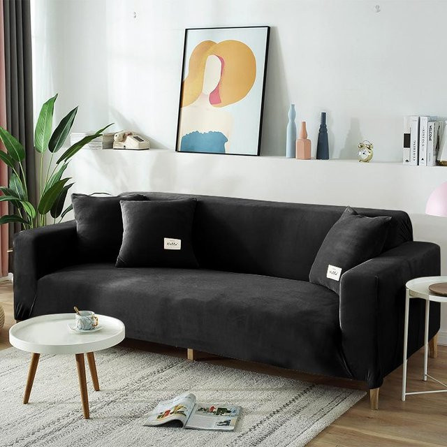 Elastischer Sofabezug aus Samt und Plüsch in Schwarz für 1-Sitzer, Breite: 90-140 cm - Bild 1