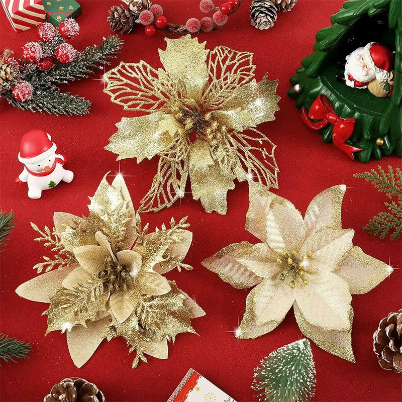 QIANHUAYU Weihnachtsbaum Anhänger Glitzer Pfingstrosen Kunstblumen in Gold und Silber für Weihnachtsdekoration und Neujahr - Bild 4