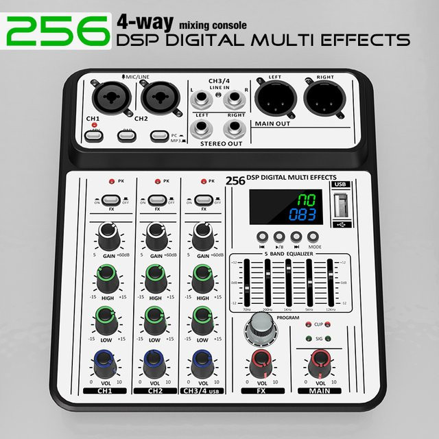 VBNM Professioneller 4-Kanal 256DSP Audio Mixer mit 48V Phantomspeisung, USB und Bluetooth in Weiß - Bild 1