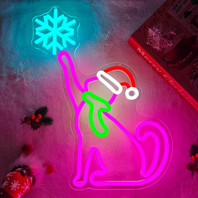 Dimmbares Neon-Wandschild Rosa Katze mit Schneeflocken für Kinderzimmer und Weihnachtsdekoration in Pink und Multicolour - Bild 1