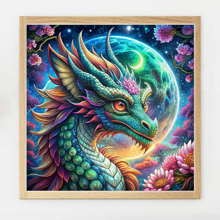 Evershine DIY Diamond Painting Set Drachen Motiv mit Blumen und Mond in Multicolor als runde Diamant Mosaik Dekoration - Bild 3