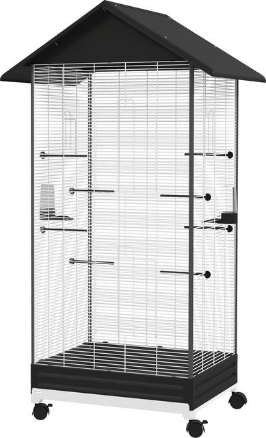 PawHut Vogelkäfig auf Rädern, freistehende Innen-Voliere für Finken und Kanarienvögel mit herausziehbarem Tablett, 2 Futternäpfen und 8 Sitzstangen, Schwarz, B: 79 cm, T: 65 cm, H: 155 cm - Bild 1