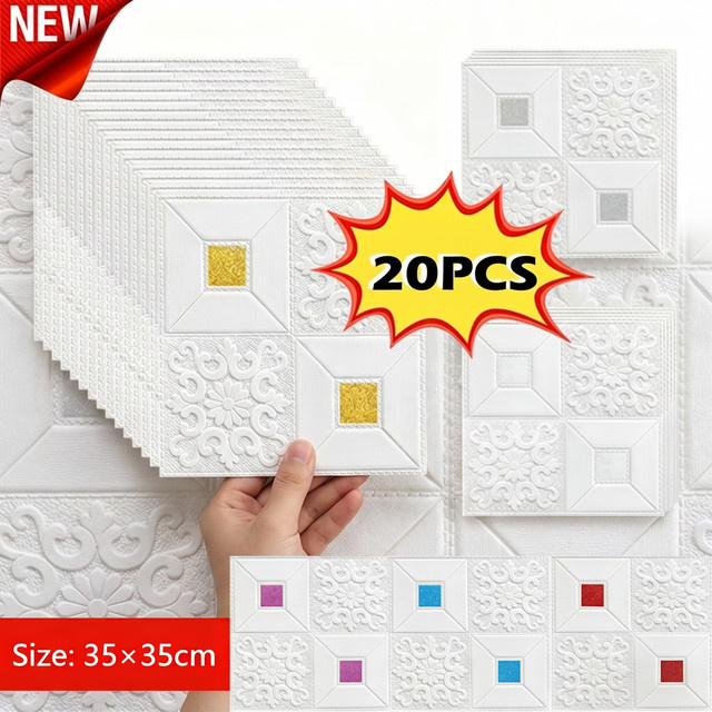 Selbstklebende 3D-Tapete im Retro-Ziegel-Stil von ctzsoop, Gold und Weiß, quadratisch, 20 Stück, B/H: 35 x 35 cm - Bild 1