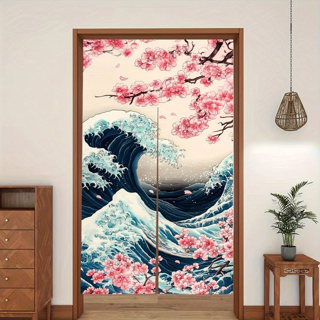 VIKAMA Nagawa Surfing Türvorhang mit rosa Kirschblüten Design, floraler Halbvorhang für Küche, Badezimmer oder Schlafzimmer, Farbe: Pink - Bild 1