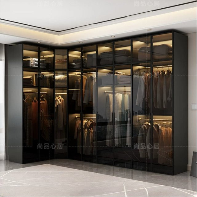 UOSU Eck-Kleiderschrank in Schwarz Matt mit Glastüren und integrierter Beleuchtung, moderner L-förmiger Aufbewahrungsschrank für das Schlafzimmer, H x B x T: 200 x 60 x 60 cm - Bild 1