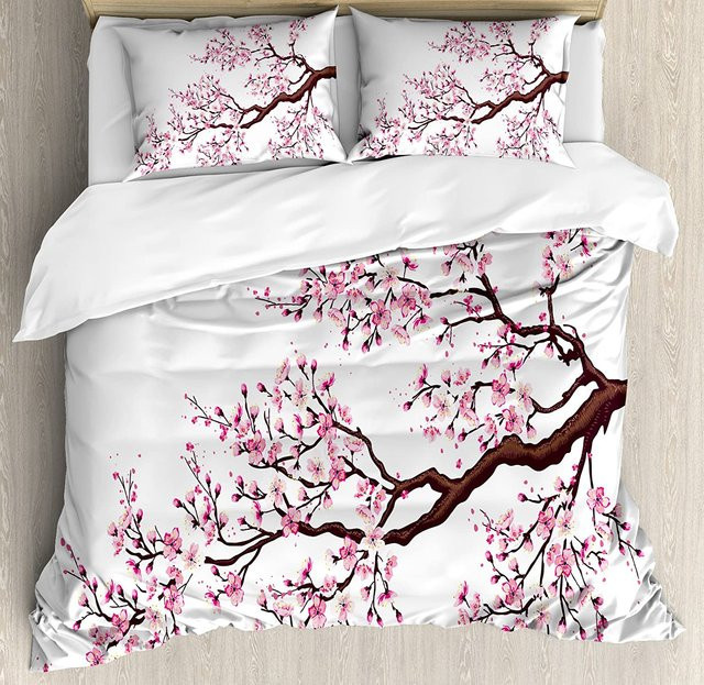 Wucifang Bags Bettwäscheset Mount Fuji Sakura mit floralem Design, 3-teilig, Farbe: Weiß, B/H: 140 x 210 cm - Bild 1