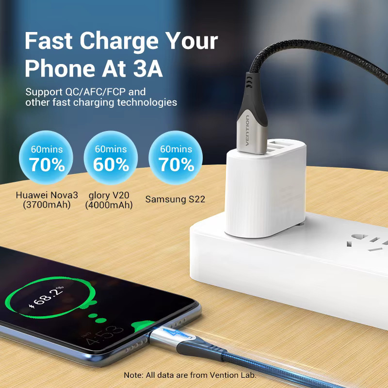 Vention USB Typ-C Kabel Schwarz für Samsung Poco S21 und Xiaomi Redmi Note 8 mit 3A Schnellladung und Datenübertragung - Bild 2