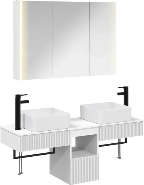 vidaXL Badezimmerschrank-Set 4-teilig in Weiß, modern mit LED-Beleuchtung und Spiegelschrank, B/T/H: 103,5 x 15,5 x 70 cm - Bild 1