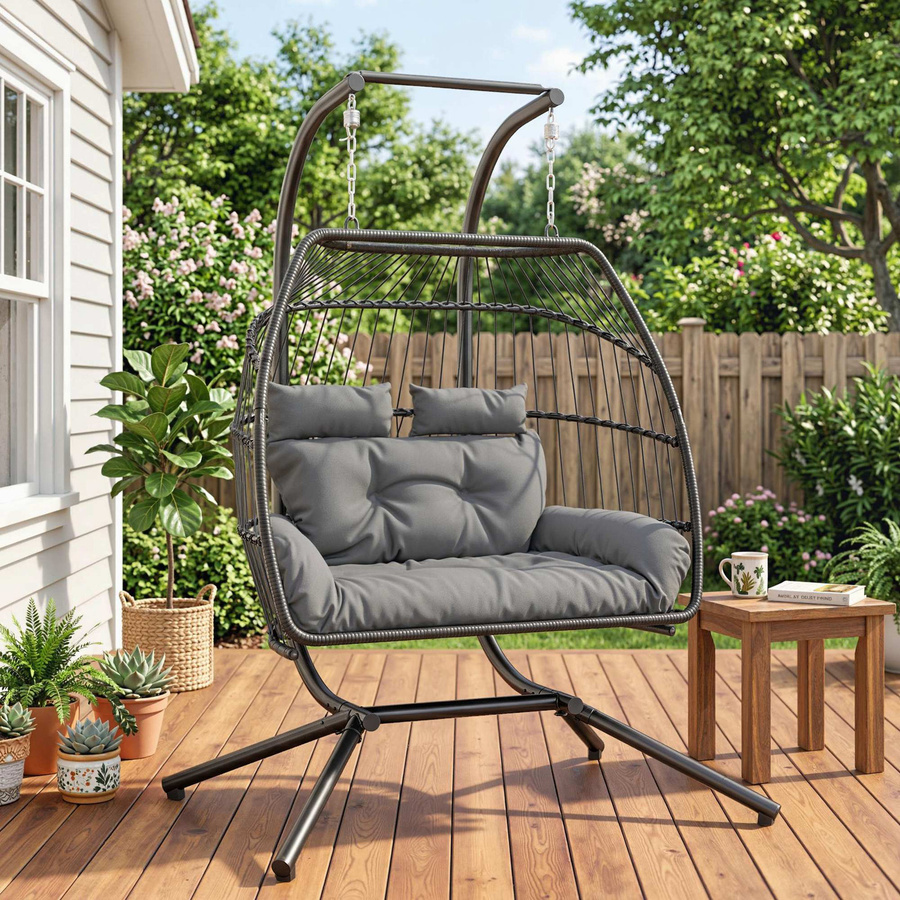 Outsunny Hängesessel mit Gestell für 2 Personen, faltbarer Polyrattan Hängekorb mit Kissen, ergonomische Hängeschaukel für Balkon und Terrasse, Dunkelgrau - Bild 2