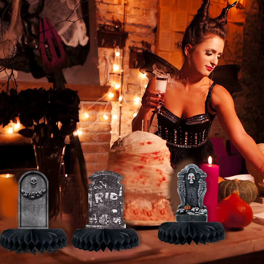 9 Stück Halloween Grabstein Waben-Tischdekoration von Joy-enlife in Grau aus Papier für deine Party und Spukhaus-Dekoration - Bild 2