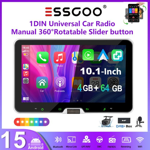 ESSGOO Android 15 Autoradio mit 10,1 Zoll drehbarem Touchscreen, Wireless Carplay, Android Auto, GPS, Bluetooth, WiFi und Mirror Funktion, Schwarz - Bild 1