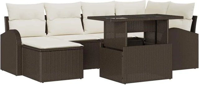 7-tlg. vidaXL Garten-Sofa-Set aus braunem Poly-Rattan mit L-Form, Eckplatz, Mittelplätzen, Armsofas, Fußhocker und Tisch mit Glasplatte sowie integriertem Kissen-Speicher - Bild 1