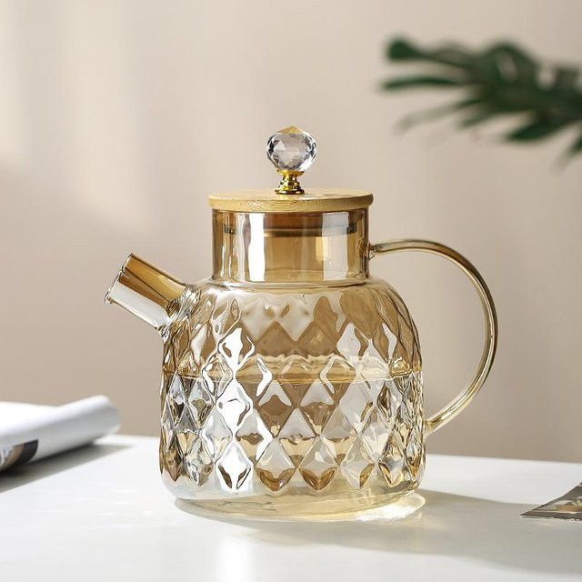 YWDL Teekessel aus Glas mit Bambusdeckel und abnehmbarem Filter, Champagner-Teekanne für losen Tee, Gold/Transparent, 1,8 l - Bild 1