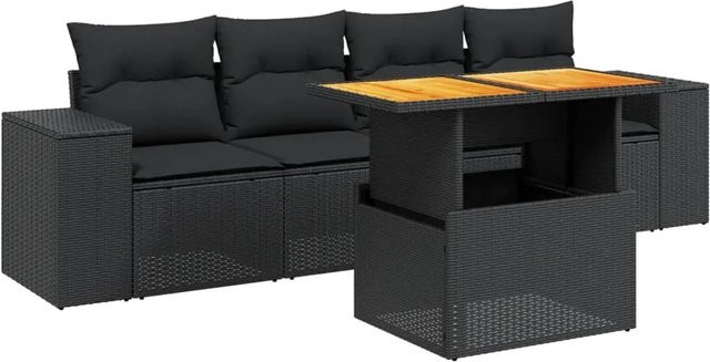 vidaXL 5-teilige Garten-Sofagarnitur aus Poly-Rattan und Akazienholz in Schwarz mit Kissen - Bild 1