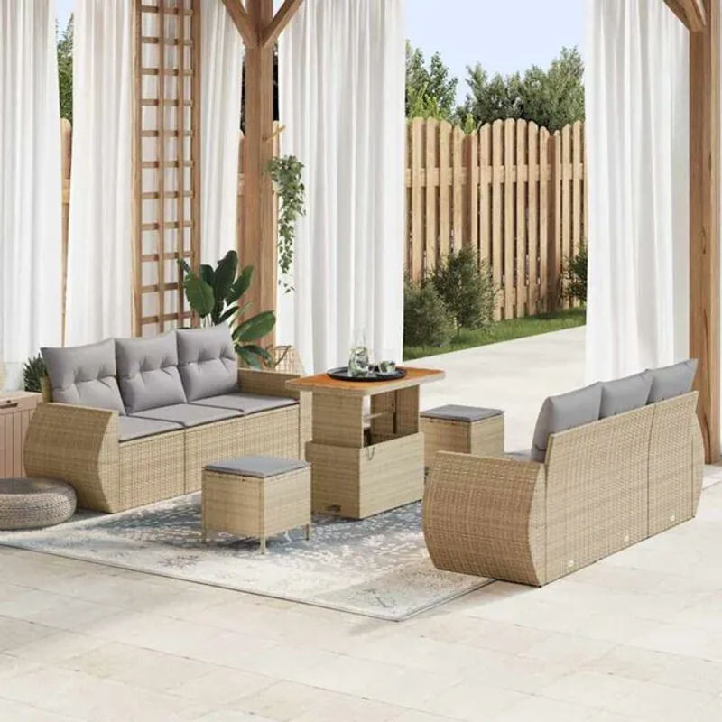 vidaXL Garten-Sofa-Set aus 9 Teilen aus Polyrattan in Beige und Grau, Loungemöbel mit Akazie und Stahl, B/T/H: 90 x 55 x 71 cm - Bild 1
