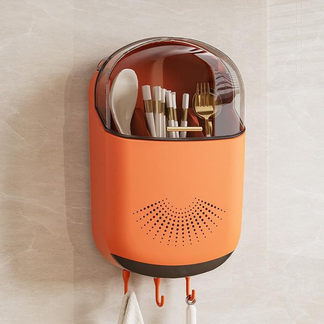 Yiran Furniture Aufbewahrungsbox für Küchenbesteck mit Deckel und Wandhalterung, staubdichter Geschirrhalter für Löffel und Essstäbchen, braun - Bild 1
