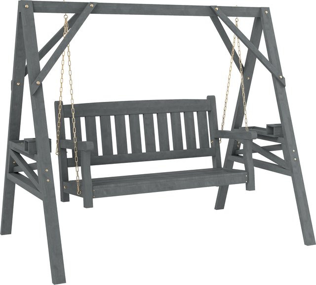 Outsunny 2-Sitzer Holzschaukelbank aus Tannenholz mit Ablagen und Getränkehaltern, Grau, B/T/H: 183 x 120 x 160 cm - Bild 1