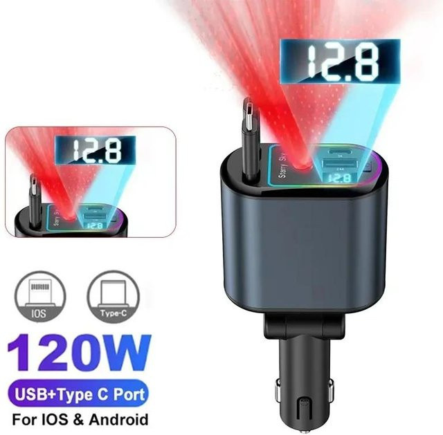 YJMP 180W Auto Schnelllader mit USB Typ-C und einziehbarer Funktion inklusive Dachsternenhimmel in Schwarz für iOS und Android - Bild 1
