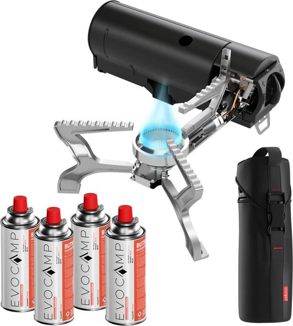 Evocamp Gaskocher BRS-99 in Silber, klappbar, inklusive Tragetasche und 4 Gaskartuschen à 227 g - Bild 1