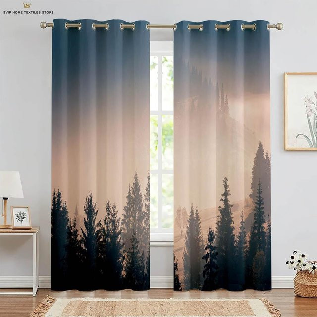 Yiran Furniture Dekorative Vorhänge Landschaft Grüner Wald, 2er-Set, halbtransparent, B: 50 cm, H: 130 cm - Bild 1