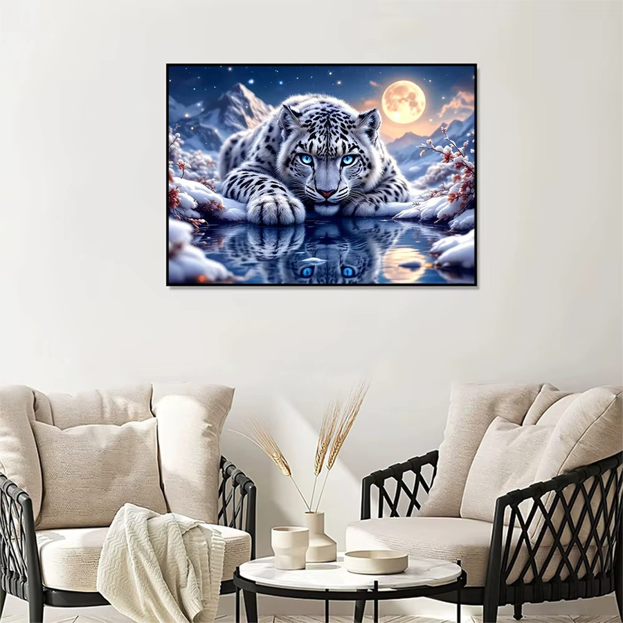 EverShine Diamant-Stickerei DIY-Gemälde Leoparden-Motiv mit Berg und Mond in Winterlandschaft als Strass-Mosaik zur Wanddekoration - Bild 3