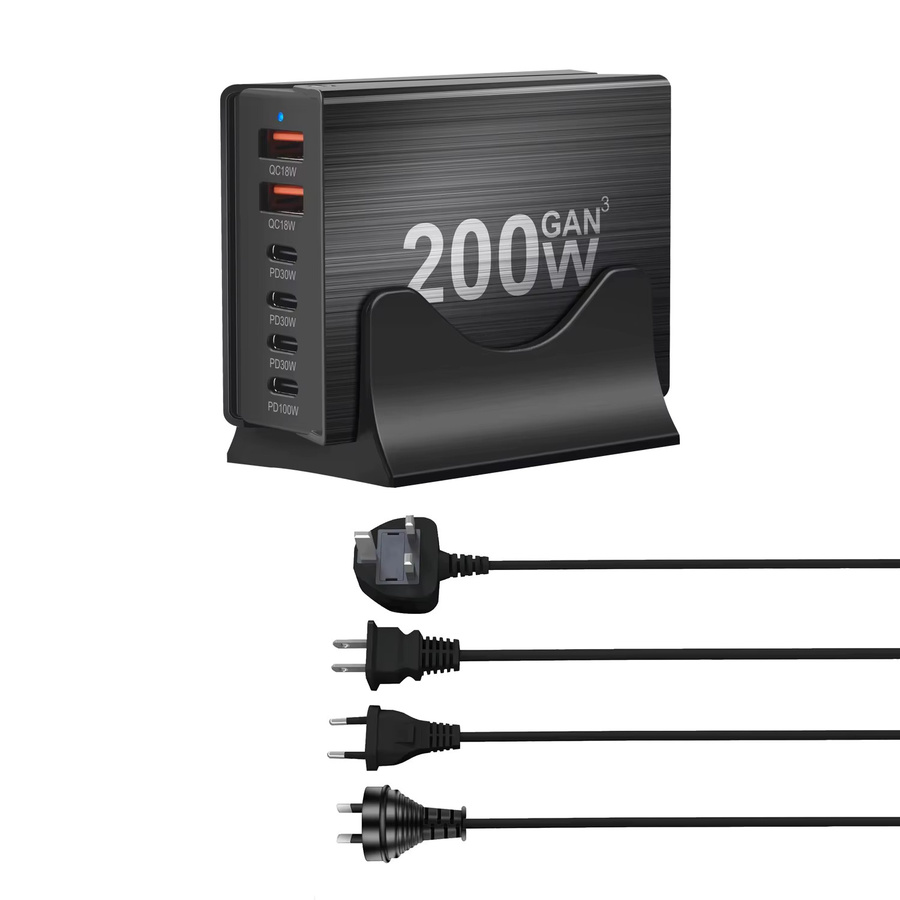 Deepartner 200 W USB Typ-C Schnellladegerät mit GaN-Technologie, 6-Port Netzteil (4C2A) in Schwarz - Bild 3