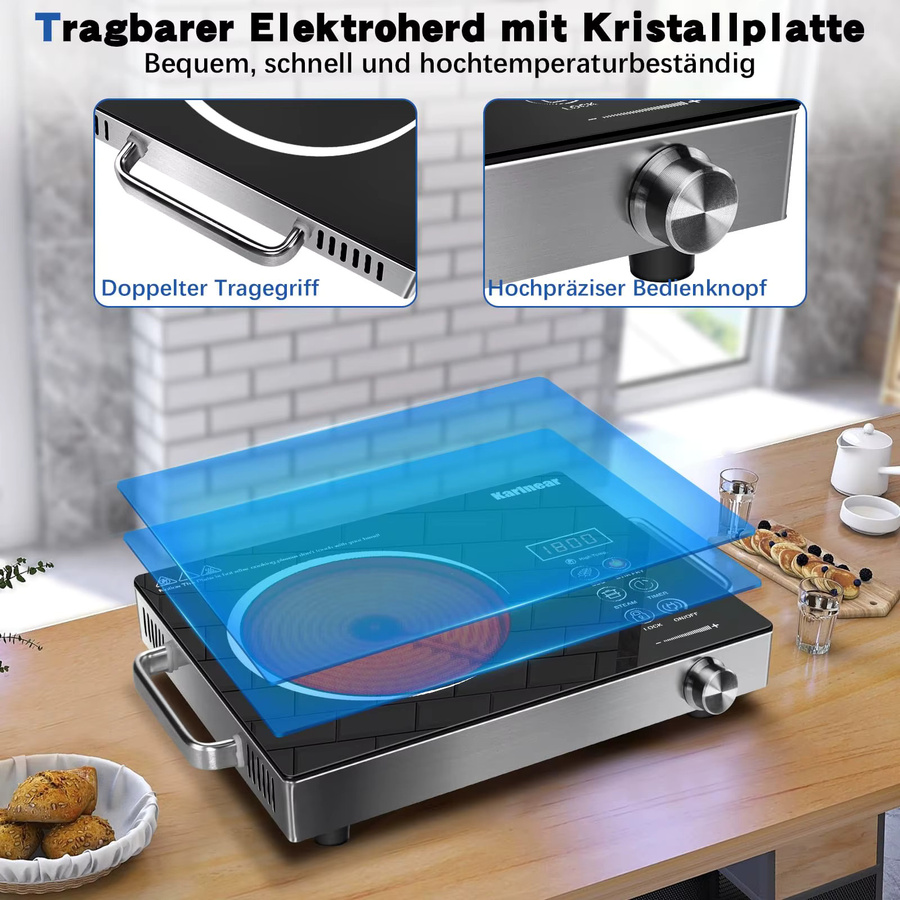 Karinear Tragbares Glaskeramik Kochfeld mit 1 Platte in Schwarz, 2000W, mit Timer und Kindersicherung - Bild 2