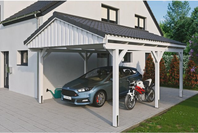 Skan Holz Carport Fichtelberg aus Fichte Leimholz in Weiß mit spitzer Dachform B/T: 423 x 566 cm, Höhe: 326 cm - Bild 1