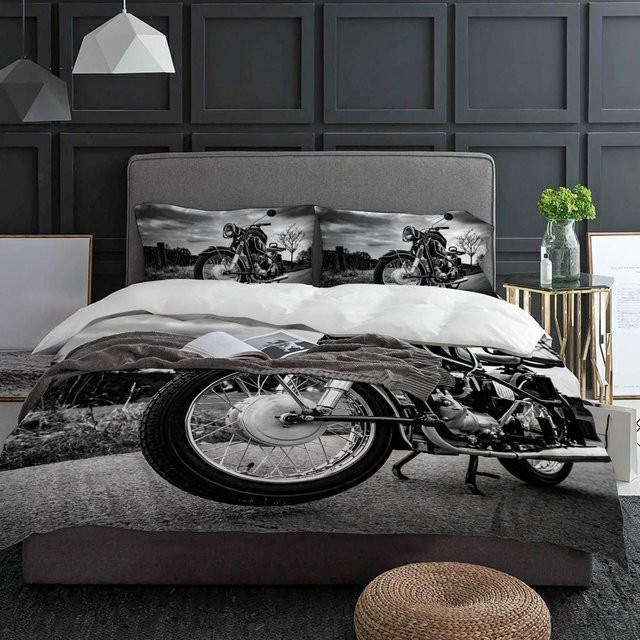 Binchi Fitness 3-teiliges Bettwäscheset Motorrad Vintage Design mit Kissenbezug und Bettbezug, Farbe: Grau, B/H: 135 x 200 cm - Bild 1
