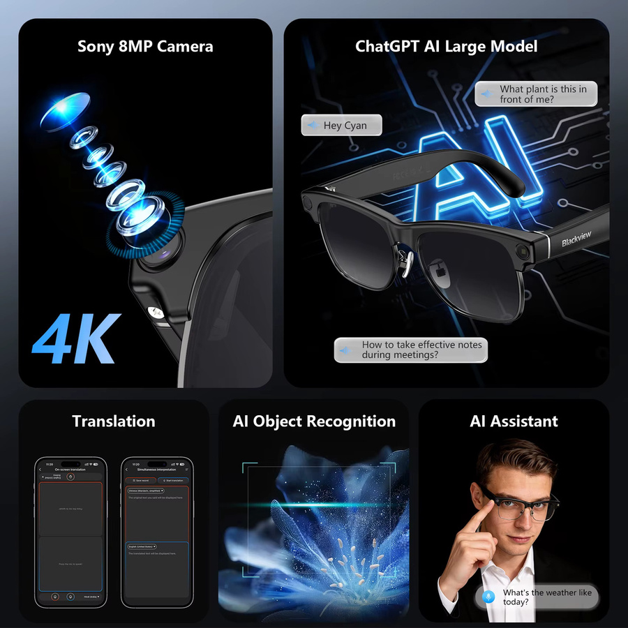 Blackview BV200 Smartbrille in Schwarz mit 8MP 4K Ultra HD Kamera, Bluetooth 6.0, Sprachassistent, KI-Übersetzung und IP54 Wasserschutz - Bild 2