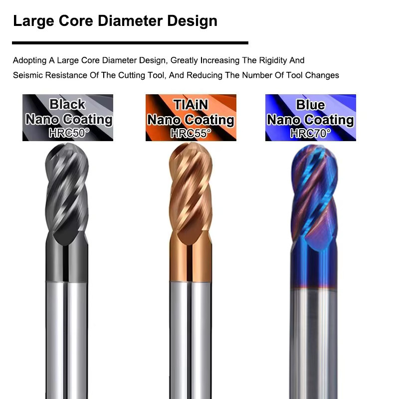 AZZKOR 4-schneidiger Kugelschaftfräser aus Wolframkarbid für Stahlmaterial, CNC-Fräser Werkzeug, R0,5-R6,0 mm - Bild 3