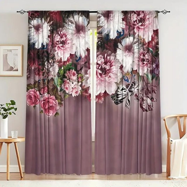 2-teiliges Set semi-transparente Vorhänge mit Blumenmuster von Yiran Furniture in Pink, Breite: 50 cm, Höhe: 130 cm - Bild 1