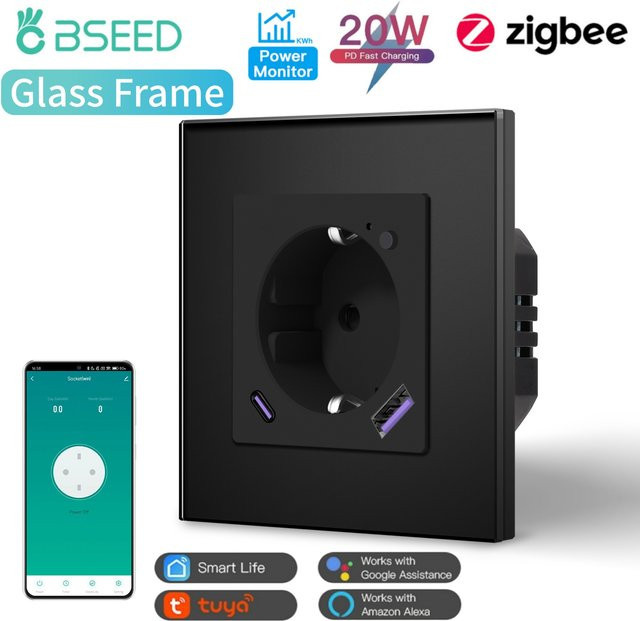 BSEED E-Serie Zigbee-Steckdose mit Smart Power Monitor und USB Typ-C Schnellladung, 16A Wandsteckdose mit schwarzem Glasrahmen, kompatibel mit Tuya Smart Life App, Google Assistant und Alexa - Bild 1