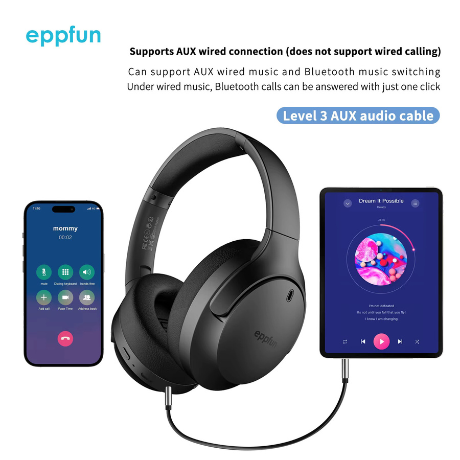 Eppfun LE Audio Auracast Bluetooth 5.4 Over-Ear-Kopfhörer mit Mikrofon in Schwarz mit Aptx Lossless und geringer Latenz für TV - Bild 3