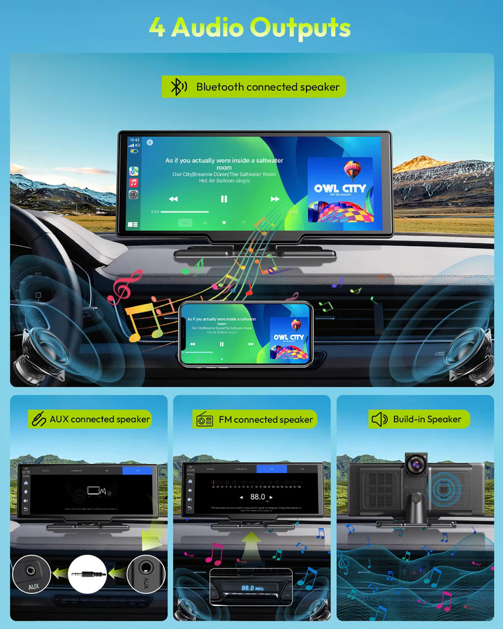 ESSGOO Tragbares Autoradio mit 10,26 Zoll 4K Touchscreen, kabelloses CarPlay, Android Auto, Bluetooth, Mirror Link und Dual-Lens Dashcam inklusive Rückfahrkamera in Schwarz - Bild 4