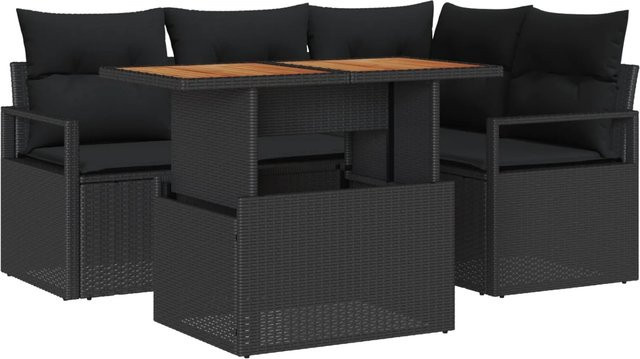 vidaXL 5-tlg. Garten-Sofa-Set aus Poly-Rattan in Schwarz mit L-Form, Ecksofa, Mittelsofa, Armsofa, Gartentisch und passenden Polyesterkissen inklusive integriertem Kissenstaufach - Bild 1