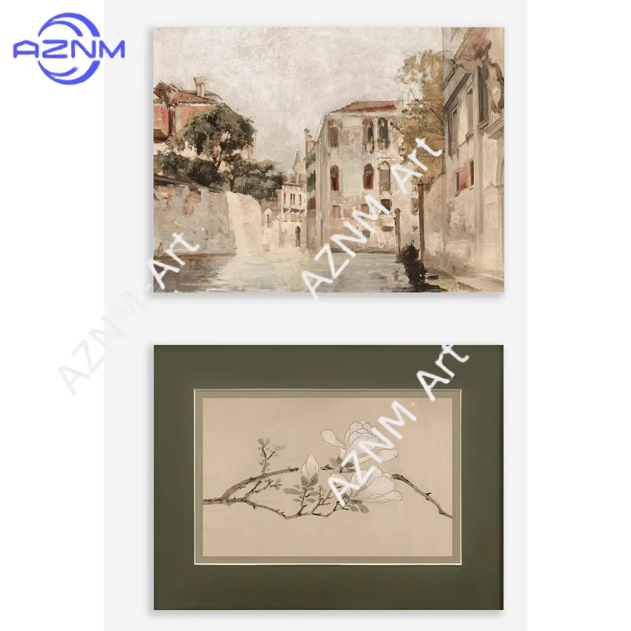 2-teiliges Set Wanddekoration von AZNM mit Blumen- und Landschaftskunstdrucken in Grün und Beige - Bild 2
