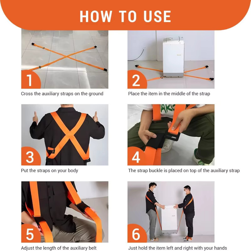 Verstellbare 2-Personen-Möbeltransportgurte in Orange mit Cam-Buckle für Sofa, Matratze und Geräte - Bild 6