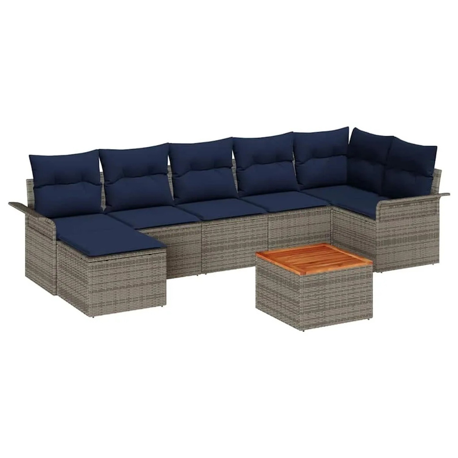 vidaXL Gartensofa-Set aus 8 Teilen in Grau und Marineblau mit Poly-Rattan und Akazienholz-Gestell - Bild 2