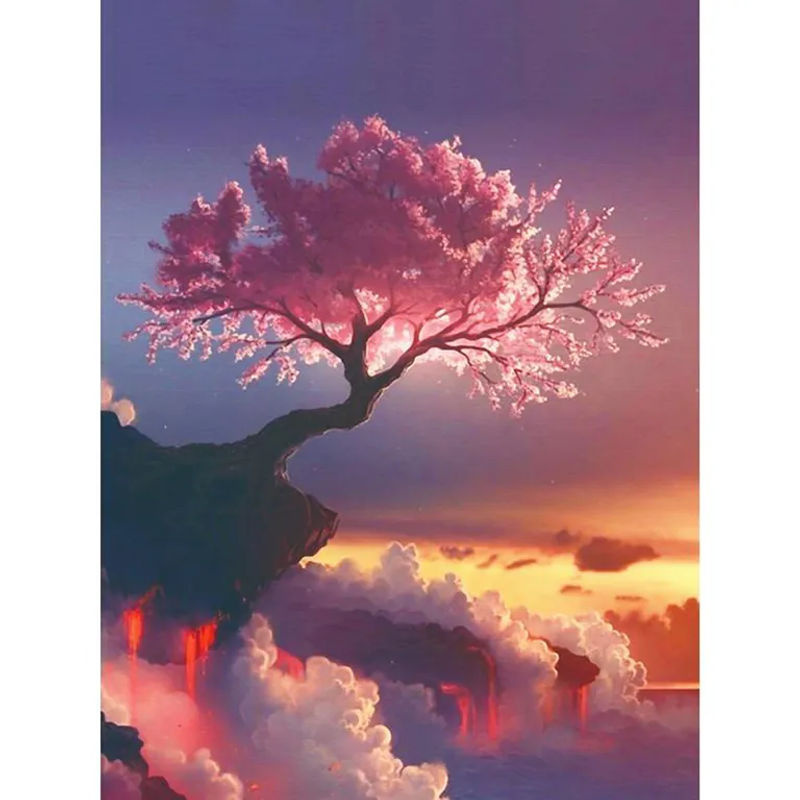 FIYO Diamond Painting Set Sakura Baum und Vulkan als DIY Kreuzstich Mosaik mit Strass in Mehrfarbig, B/H: 20 x 30 cm - Bild 2