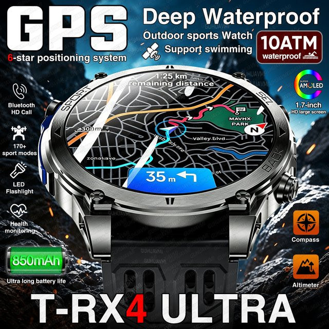 GUHUAVMI T-RX4 Ultra GPS Outdoor-Militär-Smartwatch für Herren in Schwarz mit 1,7 Zoll AMOLED-Display, 10 ATM wasserdicht, Bluetooth-Anruffunktion und Edelstahl-Milanaise-Armband - Bild 1