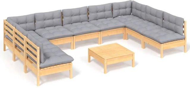 vidaXL 10-tlg. Garten-Lounge-Set aus massivem Kiefernholz in Braun-Grau mit grauen Polstern in U-Form - Bild 1