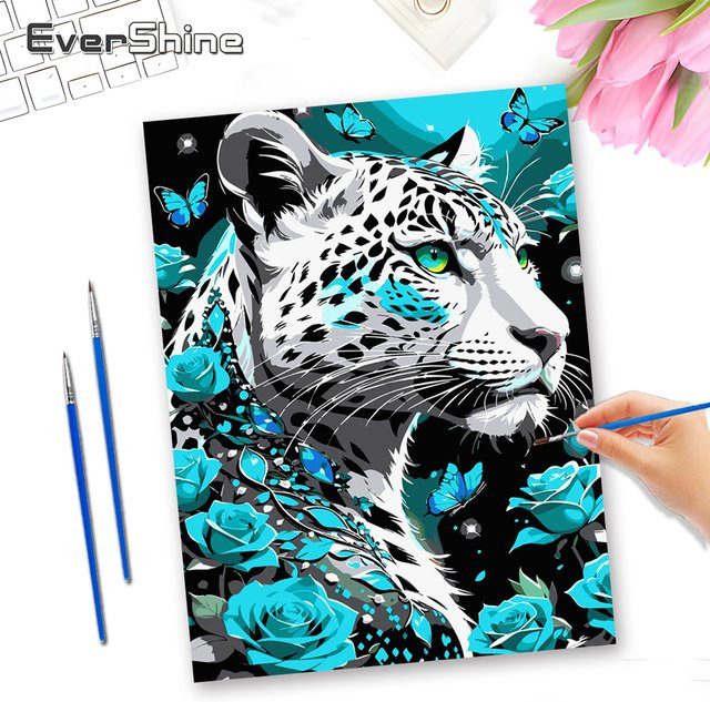 EverShine Malset nach Zahlen mit Leoparden-Motiv in Pink und Multicolour, handgemaltes Ölgemälde als Tierzeichnung zur Wanddekoration ohne Rahmen - Bild 1